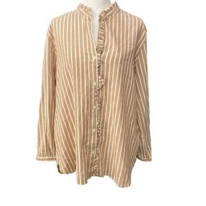 Trovata birds of paradis ruffle button up long sleeve blouse Large tan cream